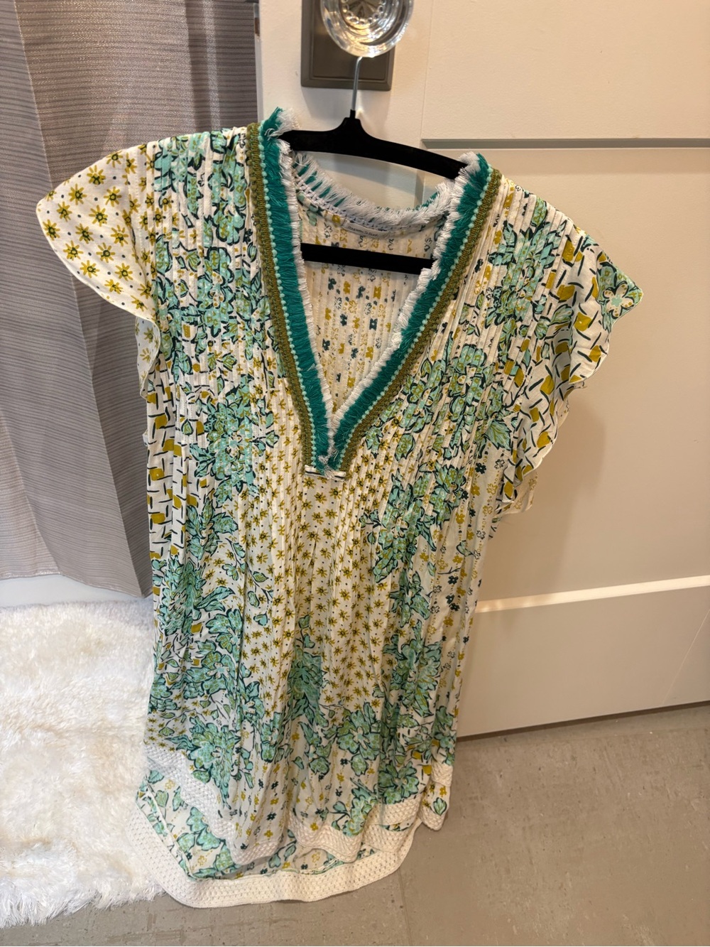 Poupette St. Barth White and Green Floral V-Neck Tunic